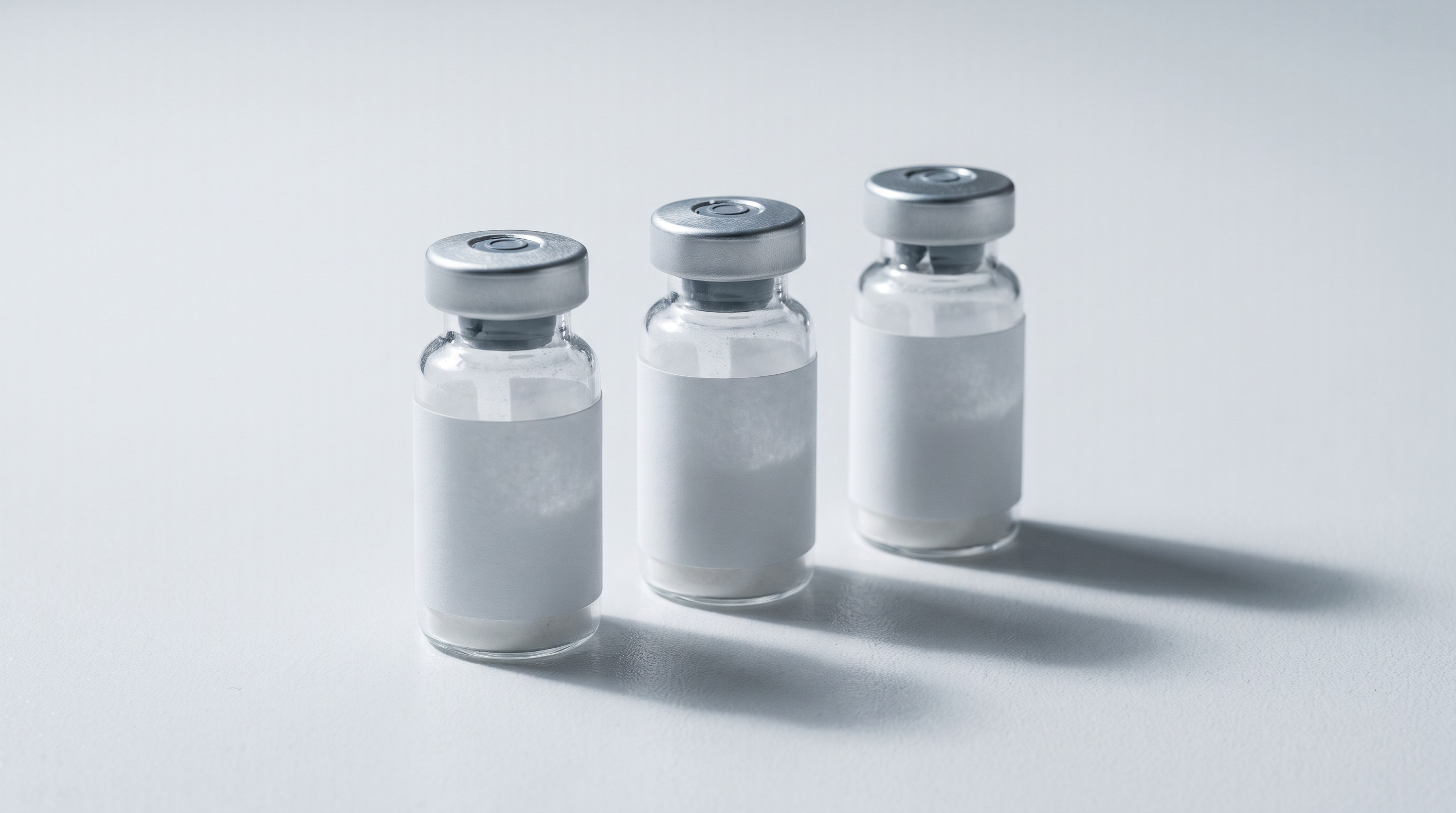 Three sealed laboratory vials containing lyophilised powder